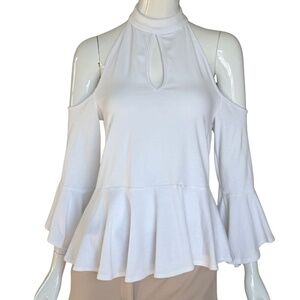 NWOT Boston Proper Women's Cold Shoulder Keyhole Peplum White Top Size Small